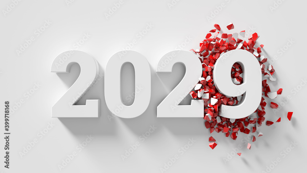 Poster 3d render of text title with changed date to a new year. White color with red fracture fragments.
