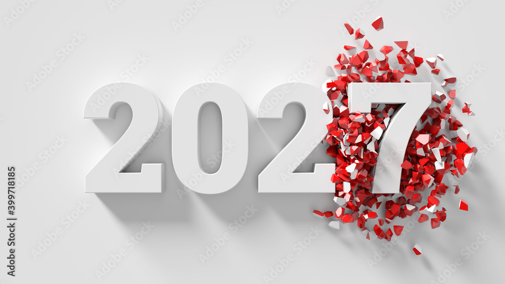 Poster 3d render of text title with changed date to a new year. white color with red fracture fragments.