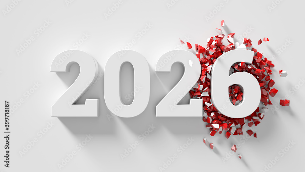 Poster 3d render of text title with changed date to a new year. white color with red fracture fragments.