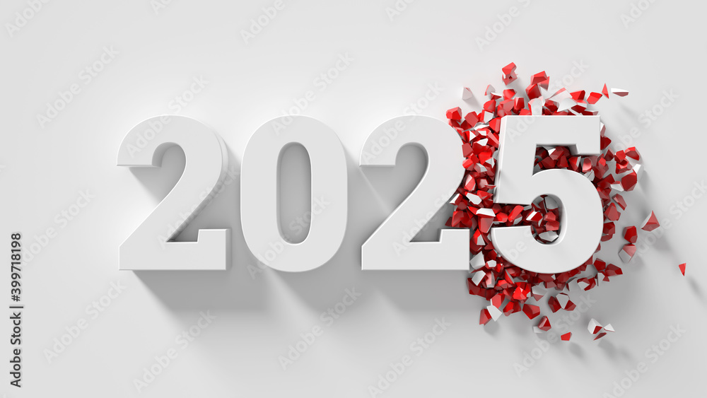 Poster 3d render of text title with changed date to a new year. white color with red fracture fragments.