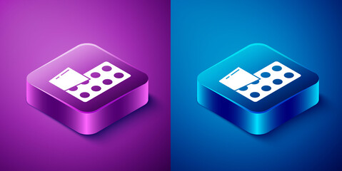 Isometric Pills in blister pack icon isolated on blue and purple background. Medical drug package for tablet, vitamin, antibiotic, aspirin. Square button. Vector.