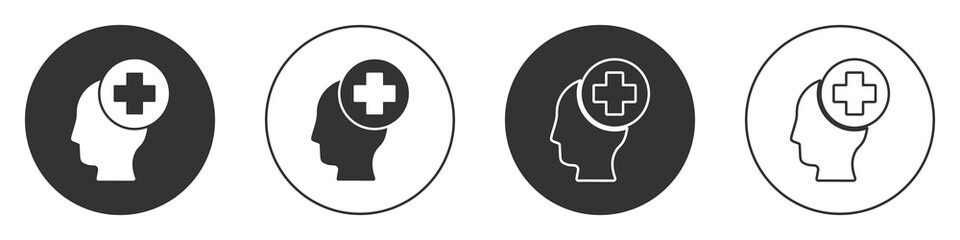 Black Male head with hospital icon isolated on white background. Head with mental health, healthcare and medical sign. Circle button. Vector.