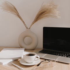 Female home office desk workspace. Blank screen laptop computer with copy space. Coffee cup, pampas...