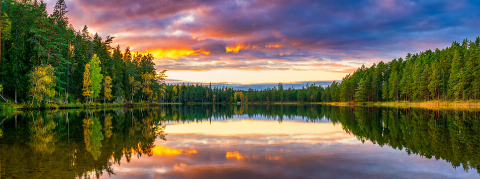 Beautiful sunset at the lake in autumn