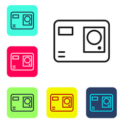 Black line Action extreme camera icon isolated on white background. Video camera equipment for filming extreme sports. Set icons in color square buttons. Vector Illustration.