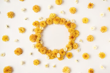 Flowers composition. Wreath frame made of yellow wild flowers on white background. Flat lay, top view, copy space.