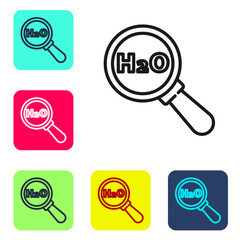 Black line Chemical formula for water drops H2O shaped icon isolated on white background. Set icons in color square buttons. Vector Illustration.