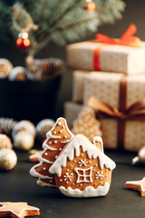 christmas flatley layout with cookies and a christmas tree. composition with ginger cookies and cones on a light background.