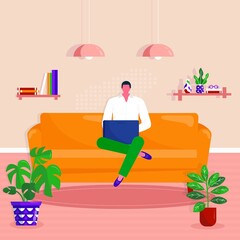 Working at home, coworking space. Young man is sitting with laptop on the  sofa at home. Freelancer working on laptop in apartment. Vector online education or social media concept illustration.