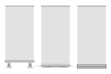 Set of blank white roll up banner isolated on white background. 3D illustration