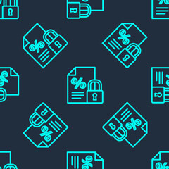 Green line Finance document and lock icon isolated seamless pattern on blue background. Paper bank document for invoice or bill concept. Vector Illustration.