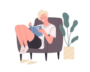 Happy young man reading book sitting in cosy chair at home. Male reader enjoying literature or studying and preparing for exam. Colorful flat vector illustration isolated on white background