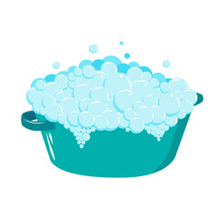 Plastic basin with soap suds. Soap foam with bubbles. Washing clothes by hand. Flat illustration