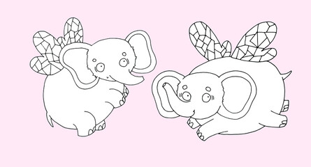 Obraz na płótnie Canvas illustration for children, elephant with wings flying, linear doodle illustration