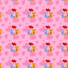 Seamless pattern with cat couple and hearts on Valentines day