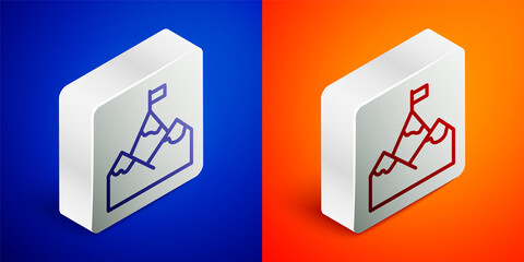 Isometric line Mountains with flag on top icon isolated on blue and orange background. Symbol of victory or success concept. Goal achievement. Silver square button. Vector.