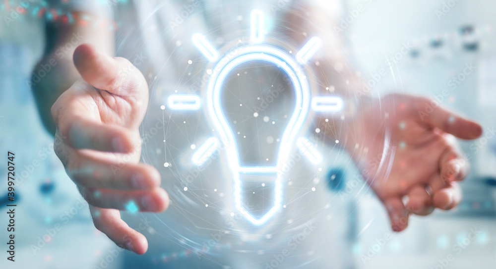 Fototapete Man using lightbulb neon digital interface 3D rendering