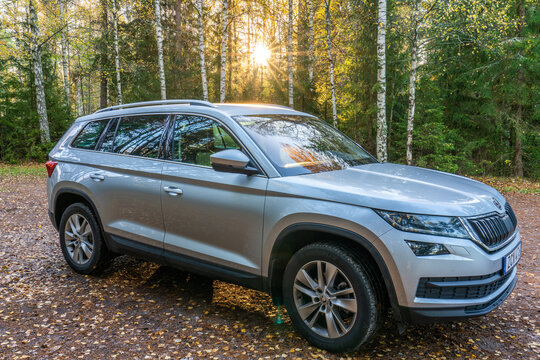 Immerby-October 2020: Skoda Kodiaq Parked In Forest Mid Size SUV Manufactured By The Czech Automaker Skoda Auto