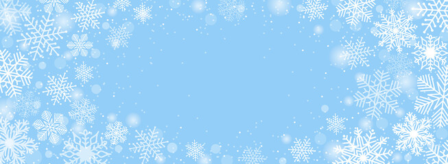 Christmas horizontal banner with snowflakes and snow. White on a blue background. Winter abstract design. Vector illustration.