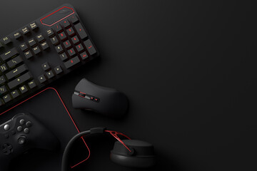 Top view of gamer workspace and gear like mouse, keyboard, joystick, headset, VR