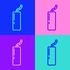 Pop art line Detonate dynamite bomb stick and timer clock icon isolated on color background. Time bomb - explosion danger concept. Vector.