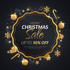 Christmas sale banner with golden wreath