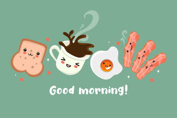 Postcard with a cute breakfast. Good morning. Vector graphics.