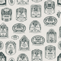 Seamless pattern with ornate hand-drawn wine labels on a light background in vintage style. Repeatable vector background on the wine theme. Suitable for Wallpaper, wrapping paper, fabric, textile