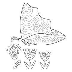 Children's coloring book, butterfly with ethnic pattern and flowers.