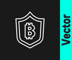 White line Shield with bitcoin icon isolated on black background. Cryptocurrency mining, blockchain technology, security, protect, digital money. Vector.