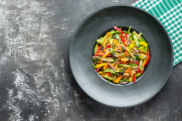 top view tasty vegetable salad inside plate on grey background color food photo meal health
