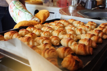 The woman takes out the finished cookies from the oven. Close-up of a baking sheet with ready-made...