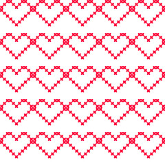 Fototapeta na wymiar Red hearts pattern cross stitch style, white background