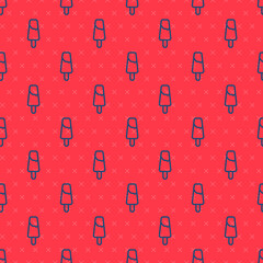Blue line Popsicle ice cream on wooden stick icon isolated seamless pattern on red background. Vector.