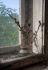 Rustic still life on the windowsill in abandoned old house