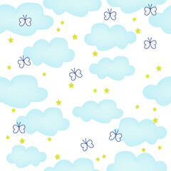 Blue sky with clouds and flying butterflies, seamless pattern, blue, yellow and white colors design