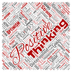 Vector conceptual positive thinking, happy strong attitude square red word cloud isolated on background. Collage of optimism smile, faith, courageous goals, goodness or happiness inspiration