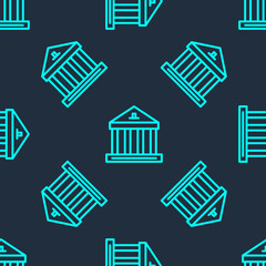 Fototapeta premium Green line Museum building icon isolated seamless pattern on blue background. Vector.