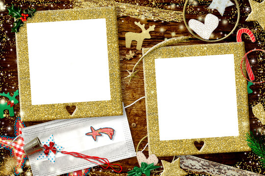Christmas coronavirus two photo frames greeting card.