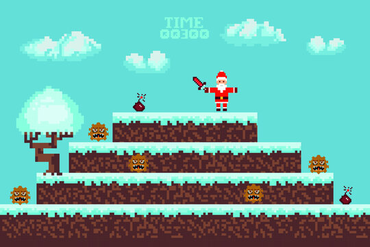 Computer pixel game interface, santa claus character, 8-bit view, hero battle in video game. Pixel winter with snow