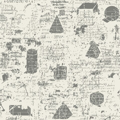 Obraz premium Abstract seamless pattern with an overlay of hand-drawn geometric figures and handwritten text Lorem ipsum on an old paper background. Vector repeating illustration in the grunge style