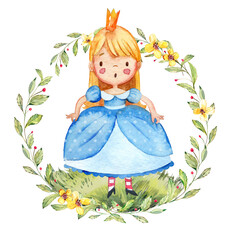 Watercolor illustration of a cute little princess in a blue dress. Little girl surrounded by watercolor wreath. Isolated.
