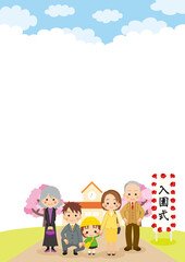 Obraz na płótnie Canvas 入園式に家族と参列する可愛い幼稚園児の女の子のイラスト　三世代ファミリー