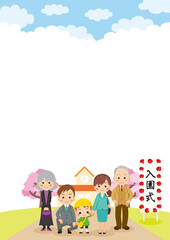 入園式に家族と参列する可愛い幼稚園児の男の子のイラスト　三世代ファミリー