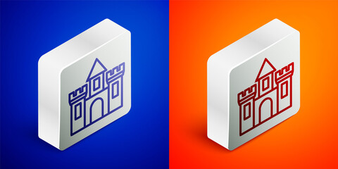 Isometric line Castle icon isolated on blue and orange background. Medieval fortress with a tower. Protection from enemies. Reliability and defense of the city. Silver square button. Vector.