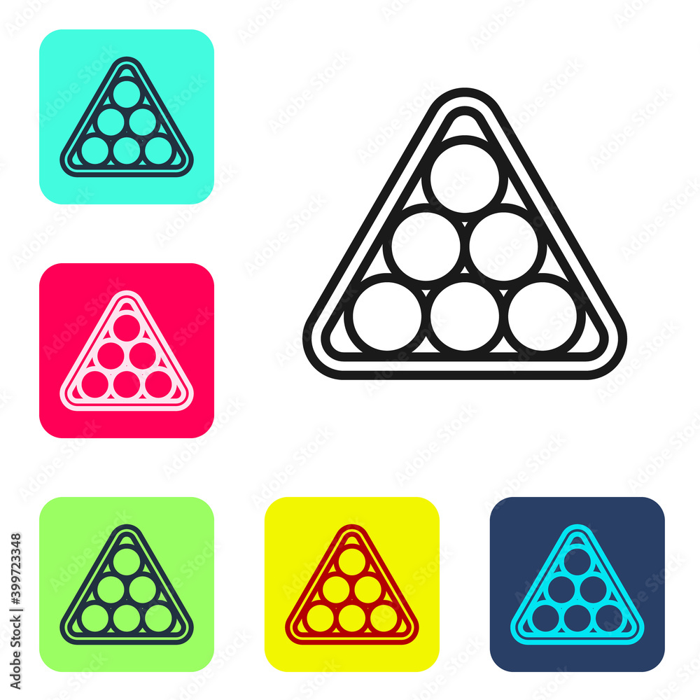 Sticker black line billiard balls in a rack triangle icon isolated on white background. set icons in color s