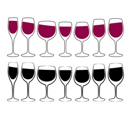 Set of glass goblets for wine and drinks. Isolated on white background. Vector illustration.