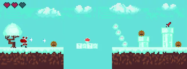 Fototapete Meergrün Computerpixel-Spielschnittstelle, Weihnachtsmann-Charakter, 8-Bit-Ansicht, Heldenkampf im Videospiel. Pixelwinter mit Schnee  © Евгений Соловьев