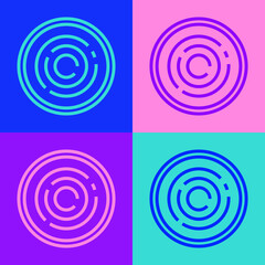 Pop art line Checker game chips icon isolated on color background. Vector.