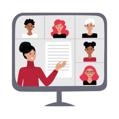 Online education webinar concept. E training lecture lesson. Computer monitor. Faces of teacher and students male female different races. Stock vector flat illustration isolated on white background.
